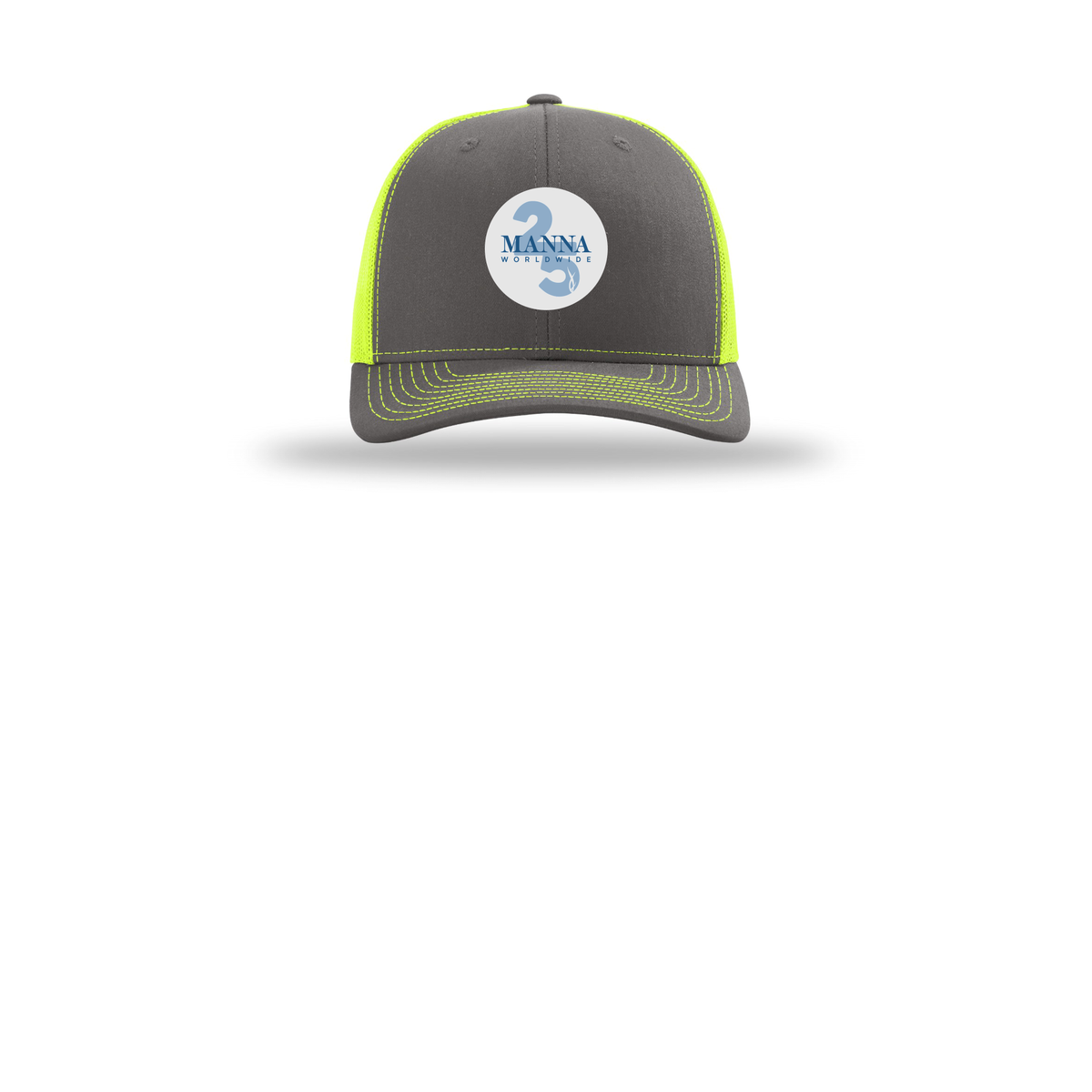 mannaworldwide-richardson-trucker-cap-embroidery-capfront-R112-charcoalneonyellow-flat-front