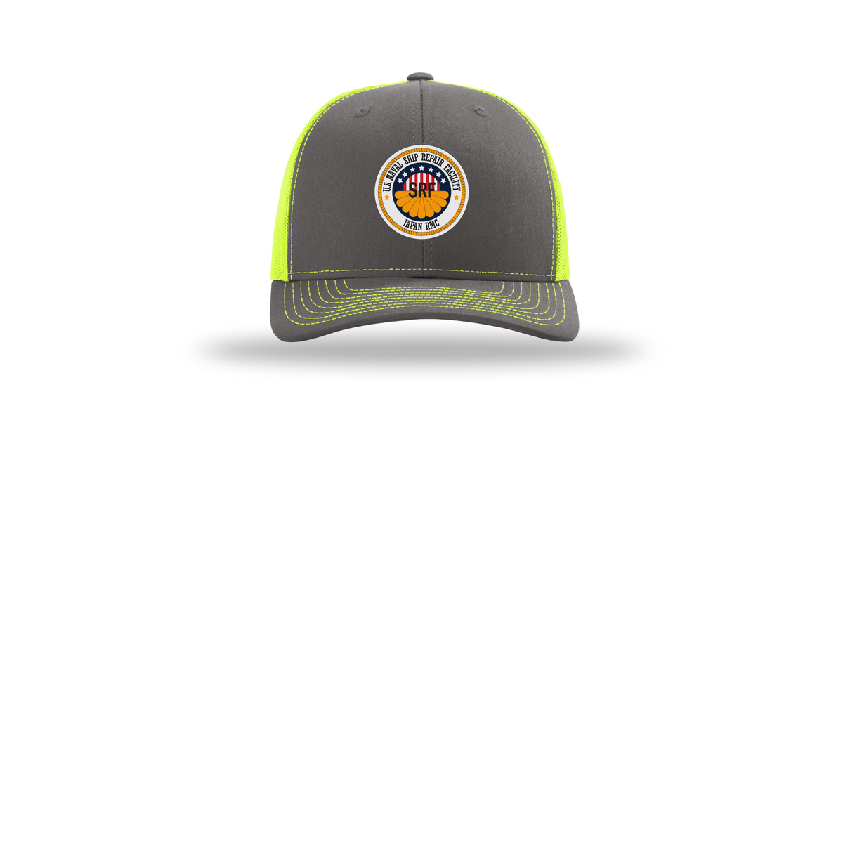 srf-jrmc-richardson-trucker-cap-embroidery-capfront-R112-charcoalneonyellow-flat-front