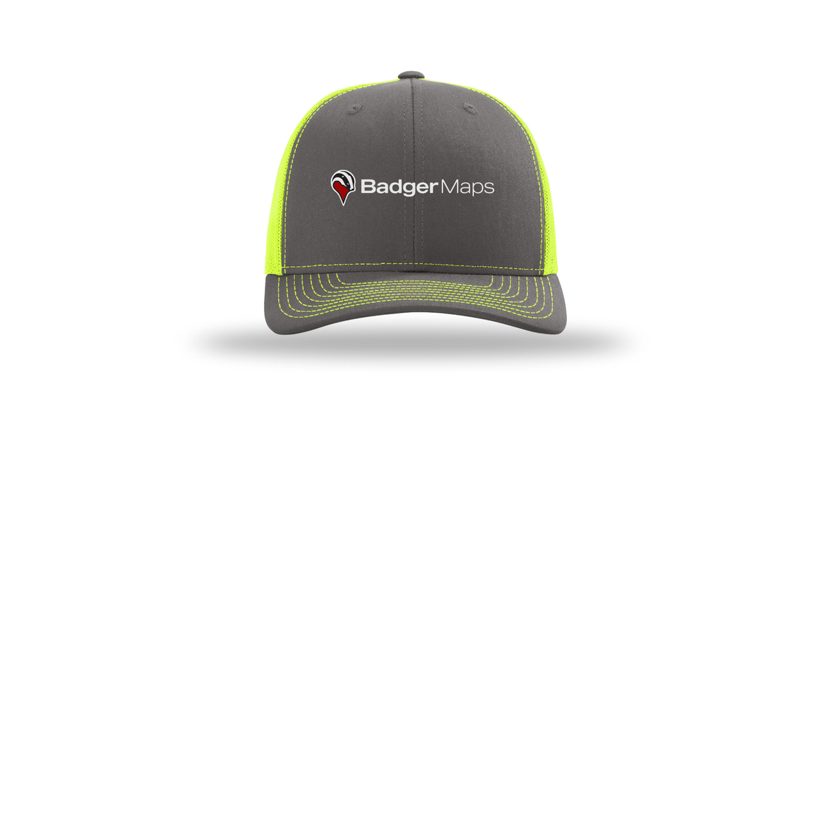 badgermapping-richardson-trucker-cap-embroidery-capfront-R112-charcoalneonyellow-flat-front