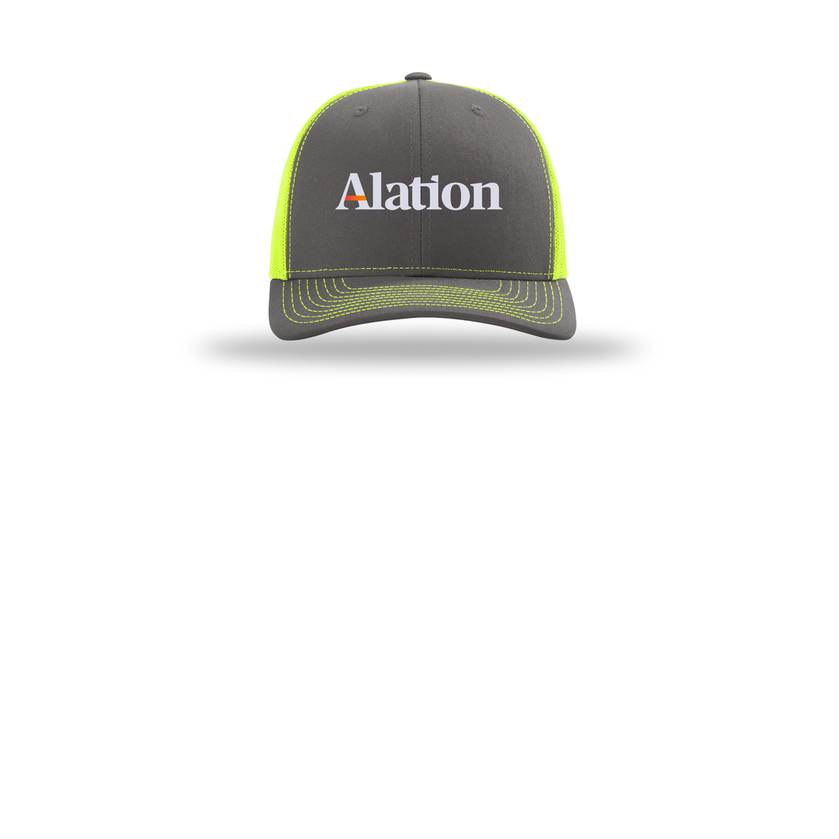 alation-richardson-trucker-cap-embroidery-capfront-R112-charcoalneonyellow-flat-front