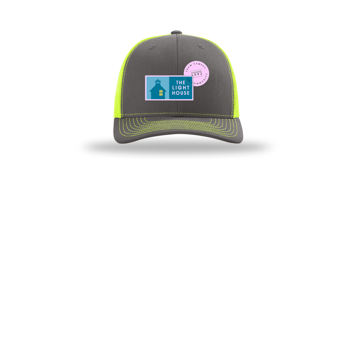 lhcampus-richardson-trucker-cap-embroidery-capfront-R112-charcoalneonyellow-flat-front