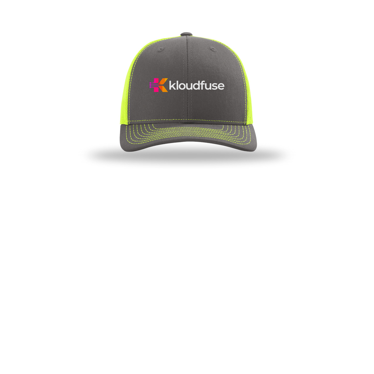 kloudfuse-richardson-trucker-cap-embroidery-capfront-R112-charcoalneonyellow-flat-front