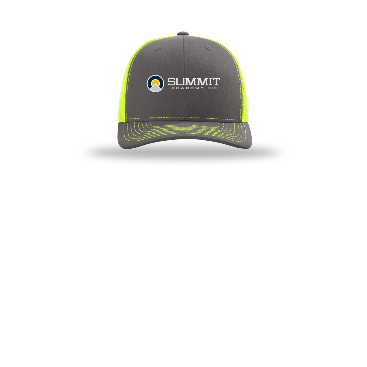 saoic-richardson-trucker-cap-embroidery-capfront-R112-charcoalneonyellow-flat-front