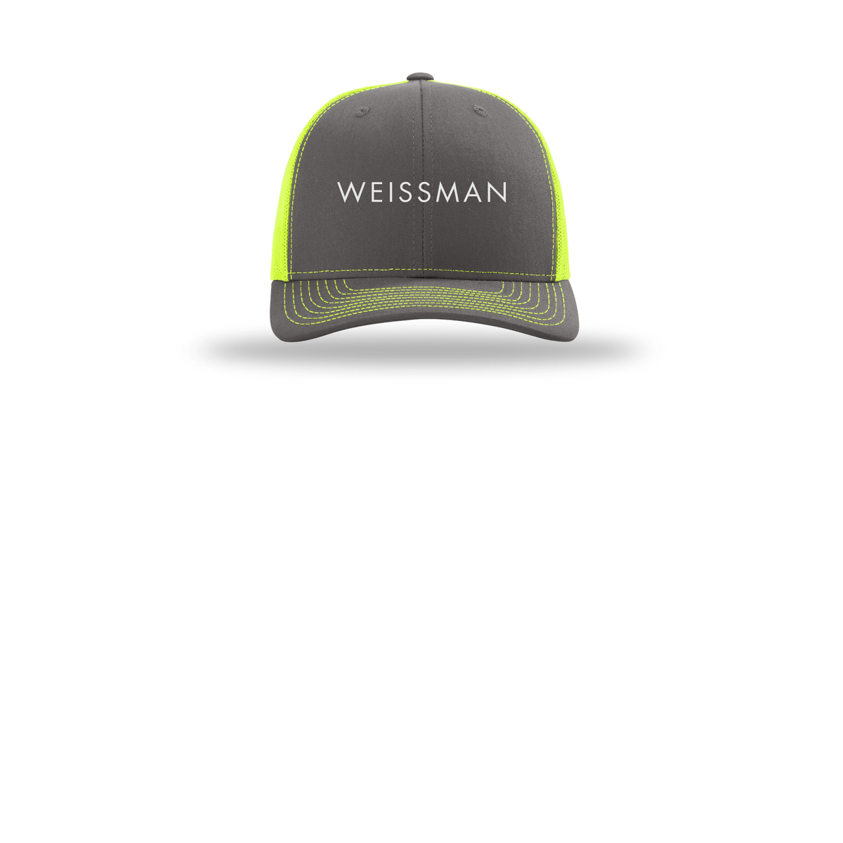weissmans-richardson-trucker-cap-embroidery-capfront-R112-charcoalneonyellow-flat-front