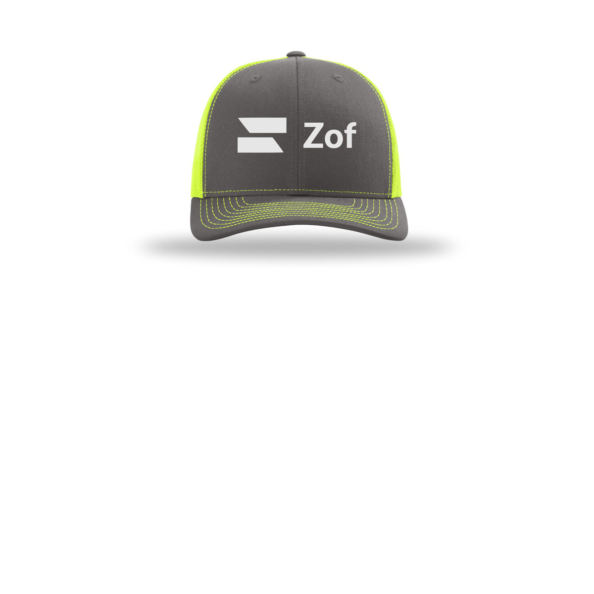 zof-richardson-trucker-cap-embroidery-capfront-R112-charcoalneonyellow-flat-front