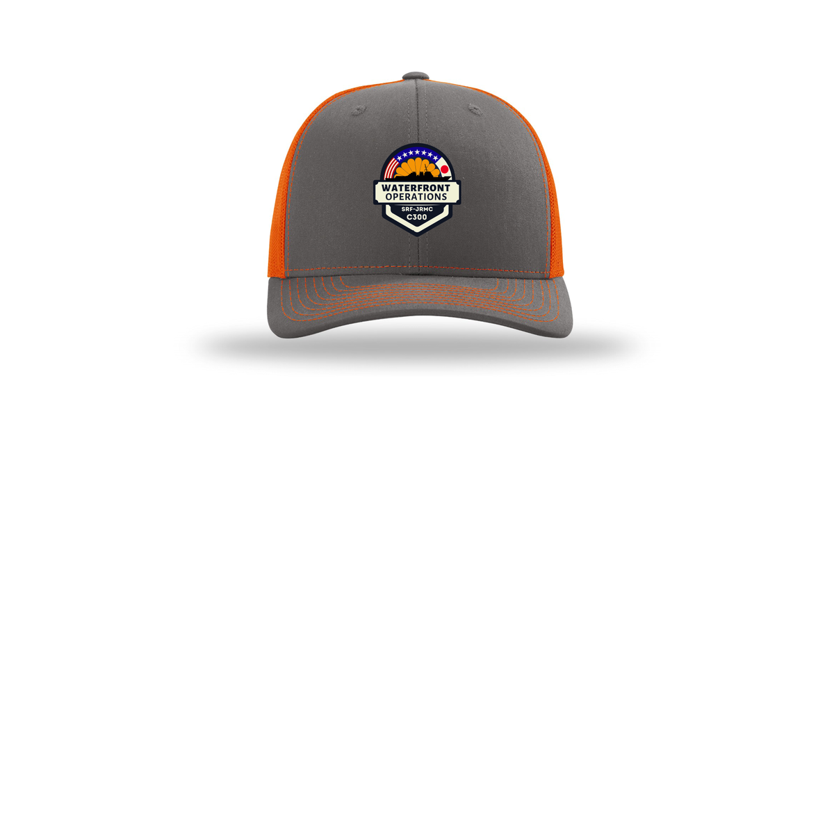 waterfront-operations-retro-trucker-cap-embroidery-capfront-R112-charcoalorange-flat-front