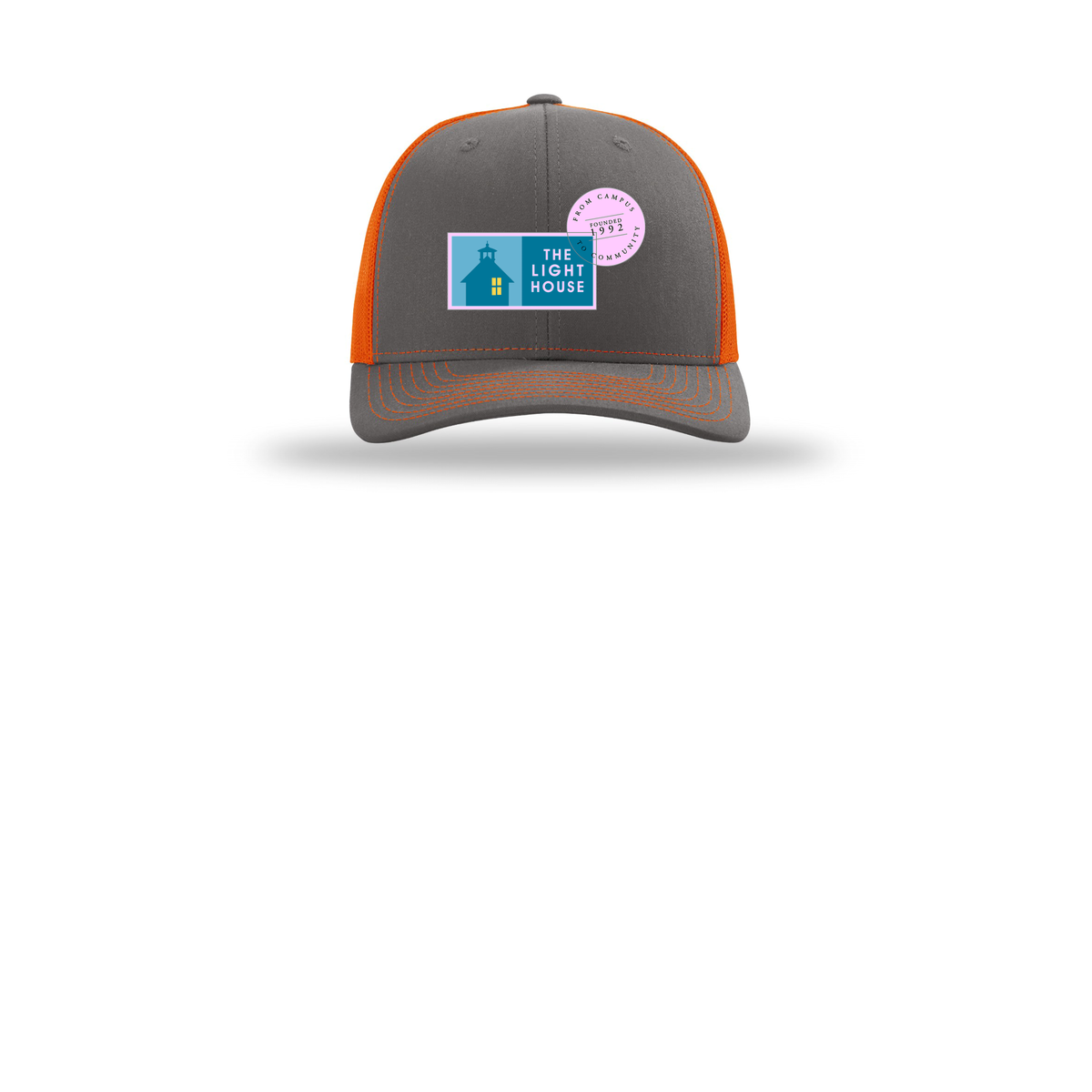 lhcampus-richardson-trucker-cap-embroidery-capfront-R112-charcoalorange-flat-front