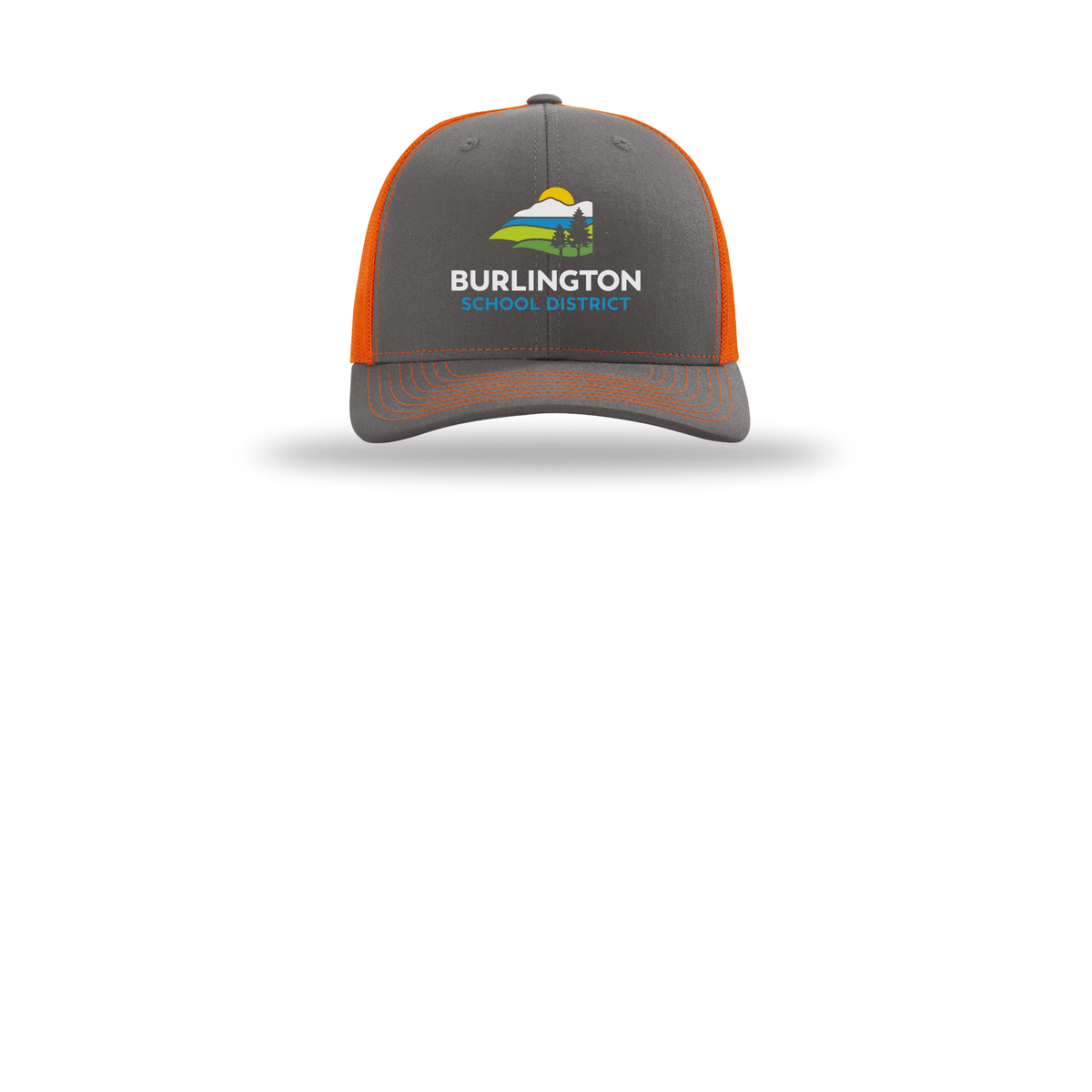 bsdvt-richardson-trucker-cap-embroidery-capfront-R112-charcoalorange-flat-front
