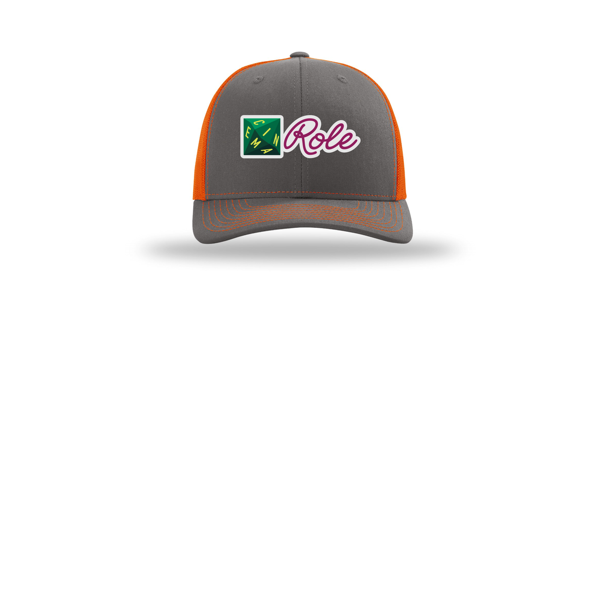 cinemarole-richardson-trucker-cap-embroidery-capfront-R112-charcoalorange-flat-front