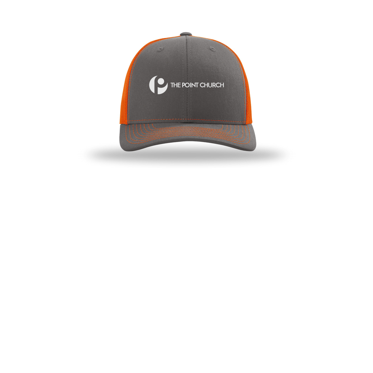 thepointva-richardson-trucker-cap-embroidery-capfront-R112-charcoalorange-flat-front