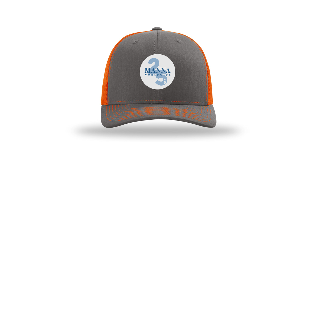 mannaworldwide-richardson-trucker-cap-embroidery-capfront-R112-charcoalorange-flat-front