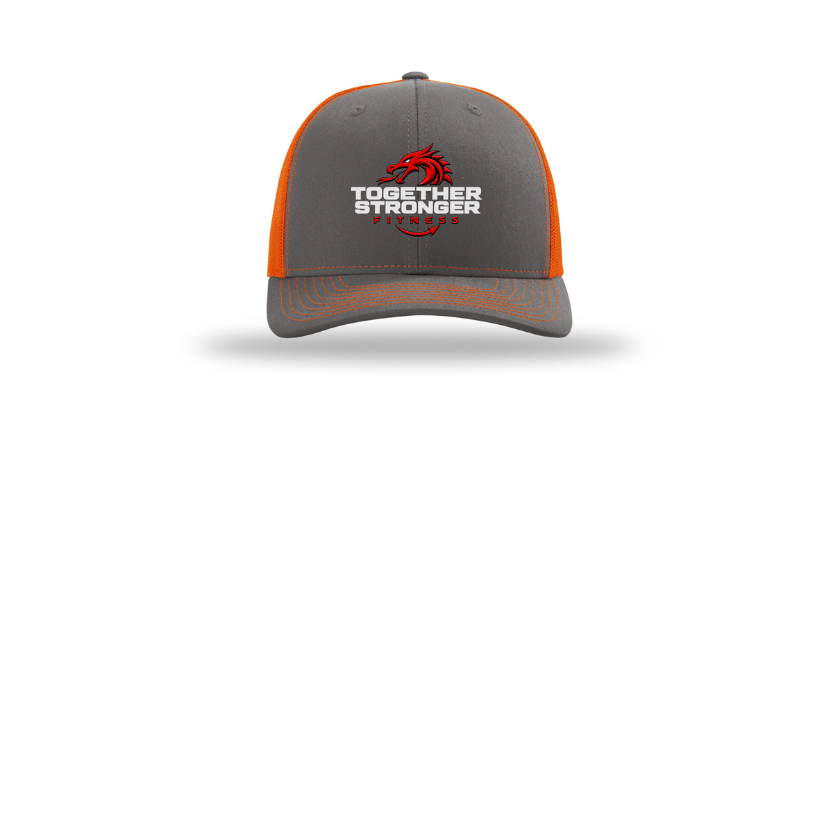 togetherstrongerfitness-richardson-trucker-cap-embroidery-capfront-R112-charcoalorange-flat-front