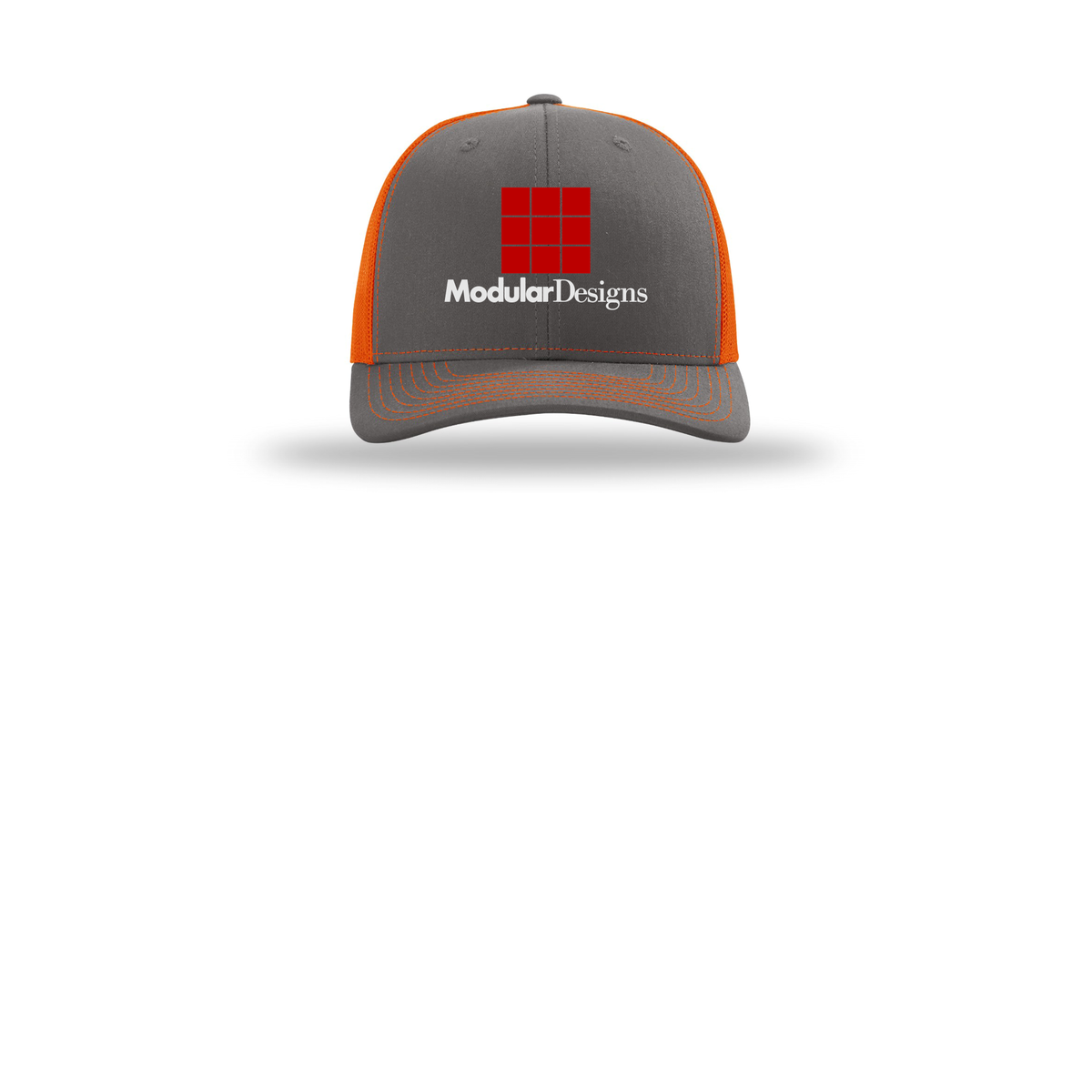 modulardesignsflooring-richardson-trucker-cap-embroidery-capfront-R112-charcoalorange-flat-front