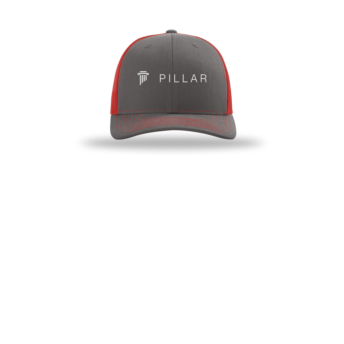pillar-richardson-trucker-cap-embroidery-capfront-R112-charcoalred-flat-front