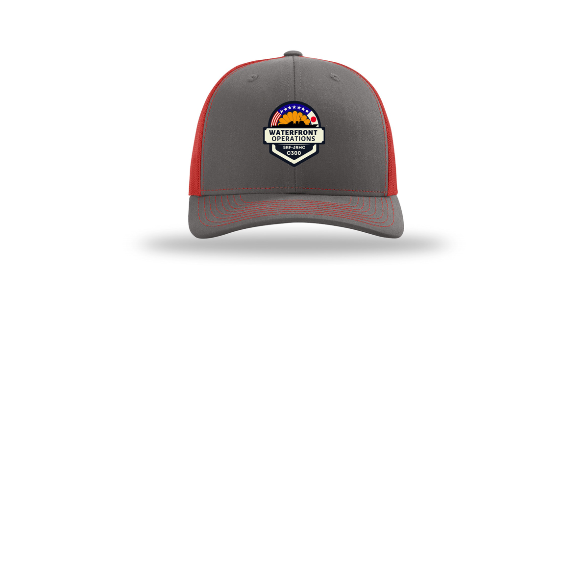 waterfront-operations-retro-trucker-cap-embroidery-capfront-R112-charcoalred-flat-front