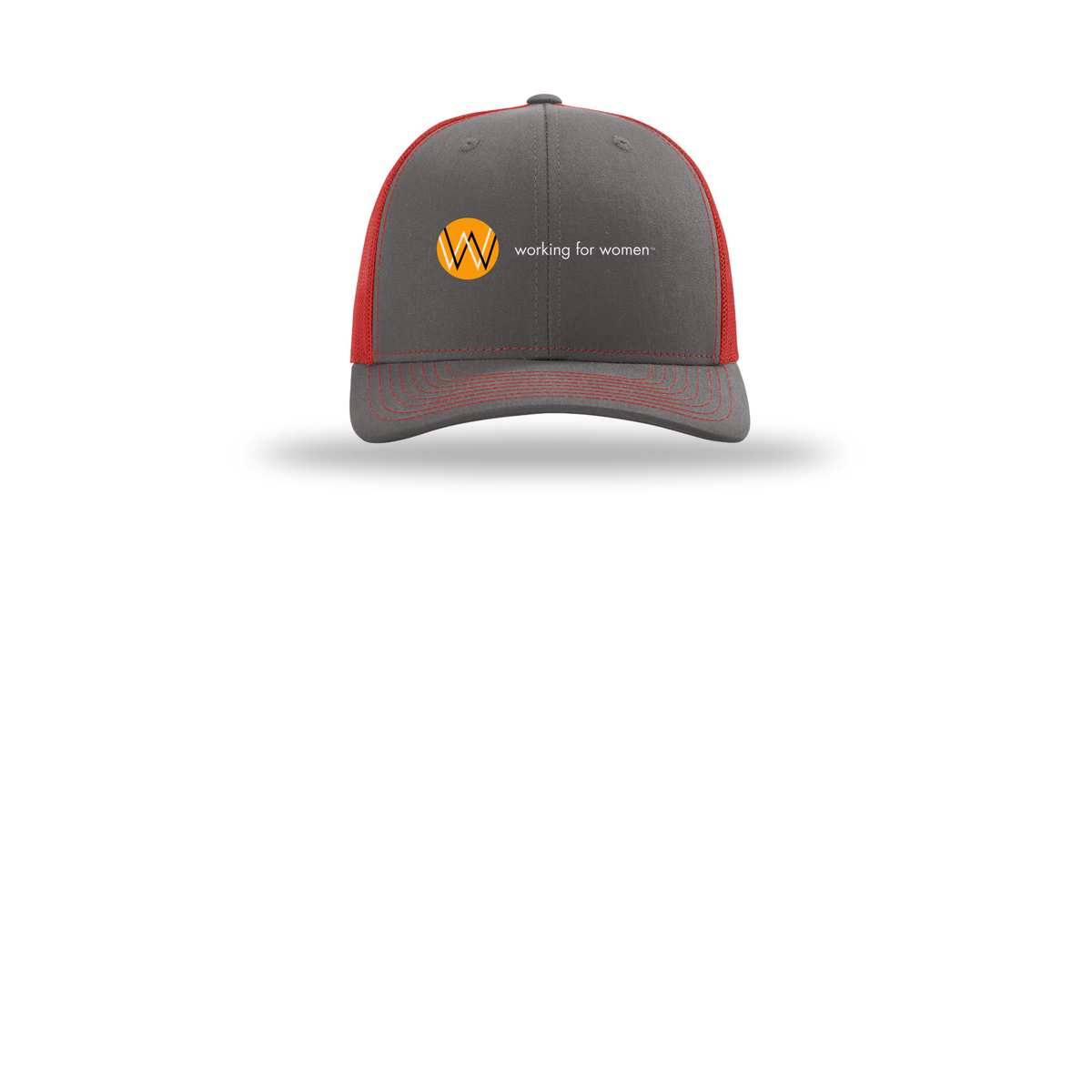 workingforwomen-richardson-trucker-cap-embroidery-capfront-R112-charcoalred-flat-front