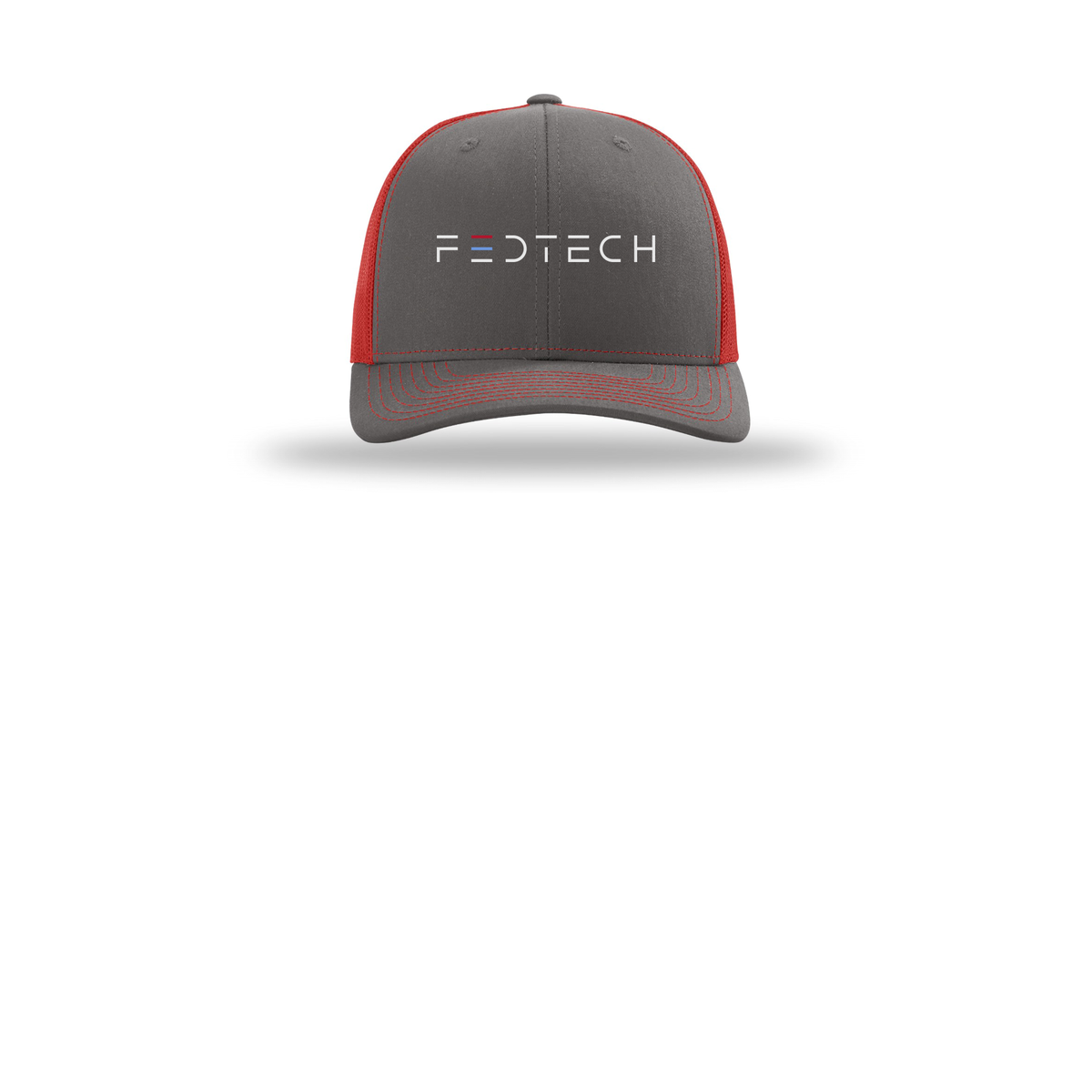 fedtech-richardson-trucker-cap-embroidery-capfront-R112-charcoalred-flat-front