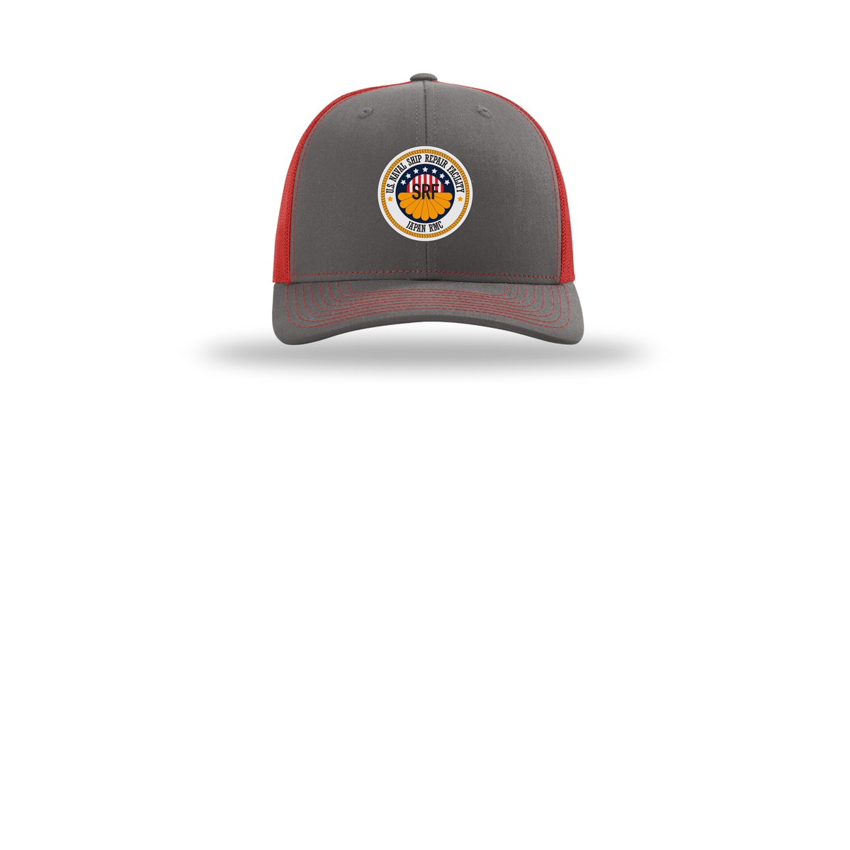 srf-jrmc-richardson-trucker-cap-embroidery-capfront-R112-charcoalred-flat-front