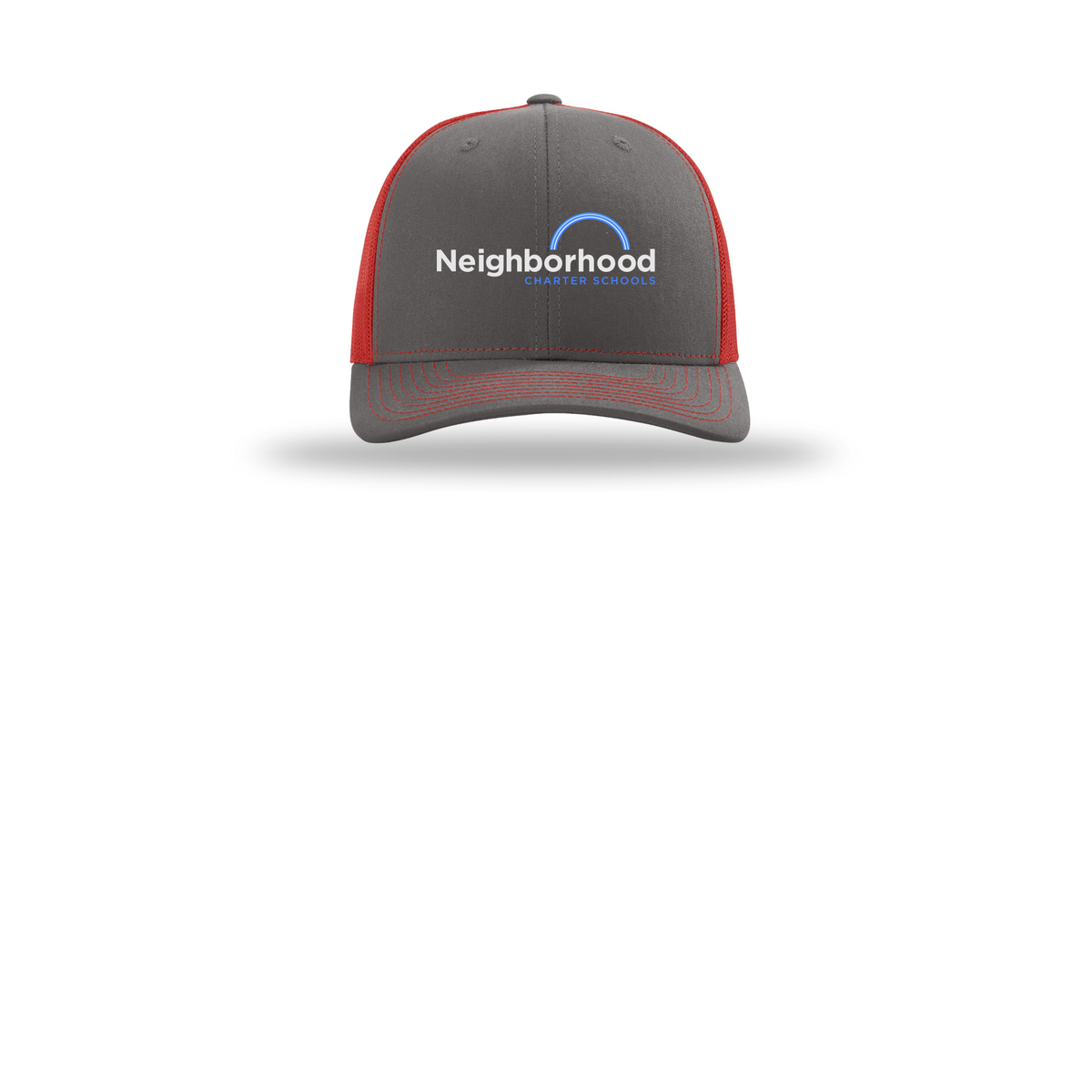 ncschools-richardson-trucker-cap-embroidery-capfront-R112-charcoalred-flat-front