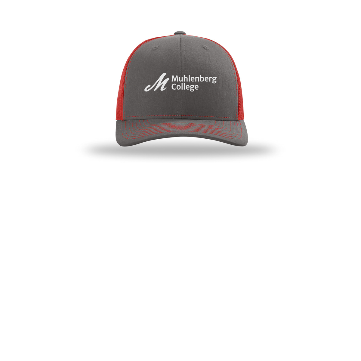 muhlenberg-richardson-trucker-cap-embroidery-capfront-R112-charcoalred-flat-front