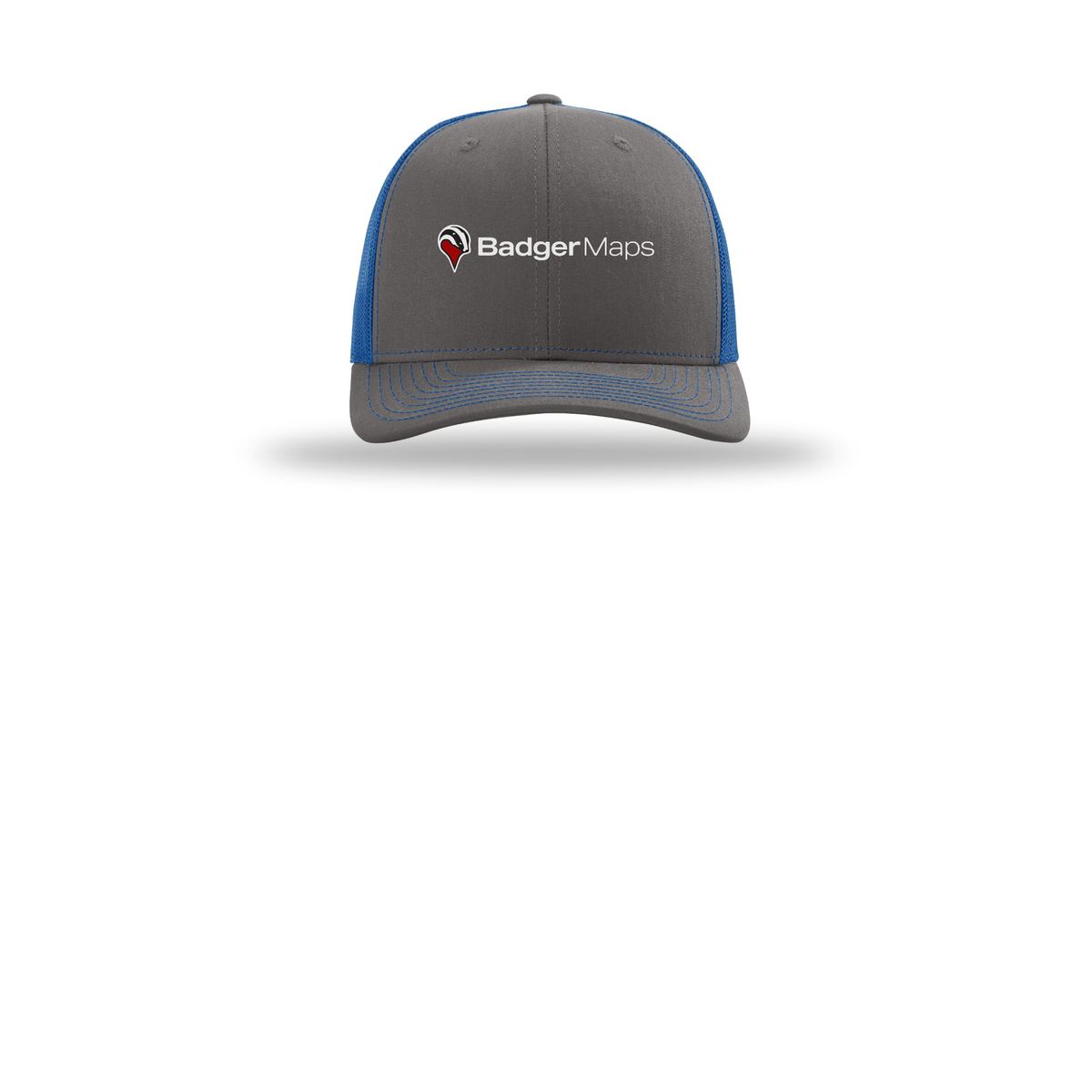 badgermapping-richardson-trucker-cap-embroidery-capfront-R112-charcoalroyal-flat-front
