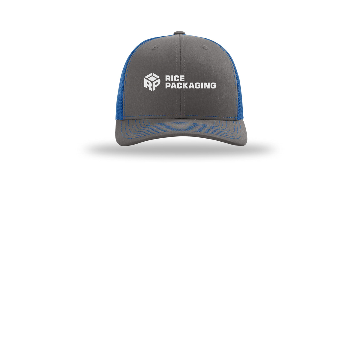 ricepackaging-richardson-trucker-cap-embroidery-capfront-R112-charcoalroyal-flat-front