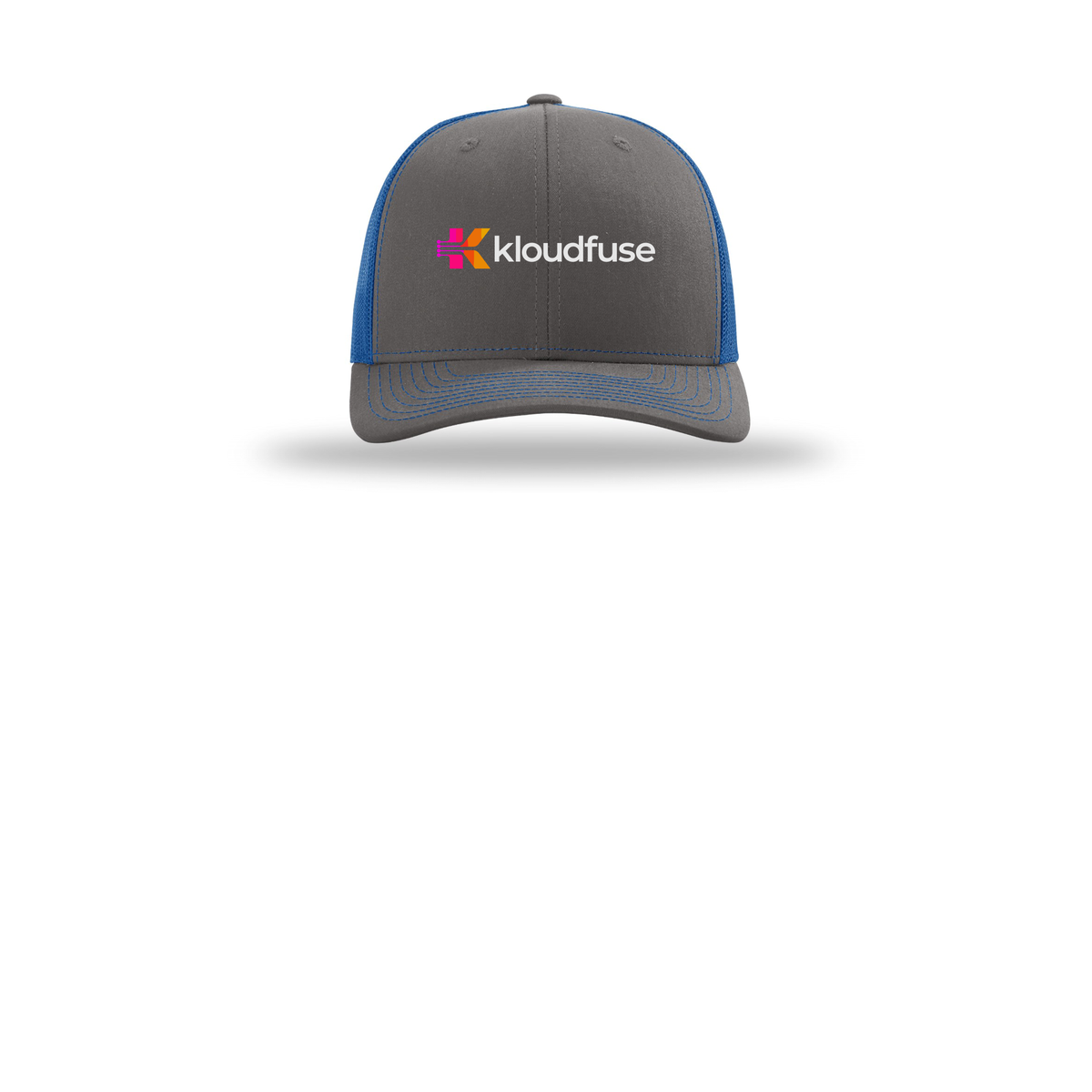 kloudfuse-richardson-trucker-cap-embroidery-capfront-R112-charcoalroyal-flat-front