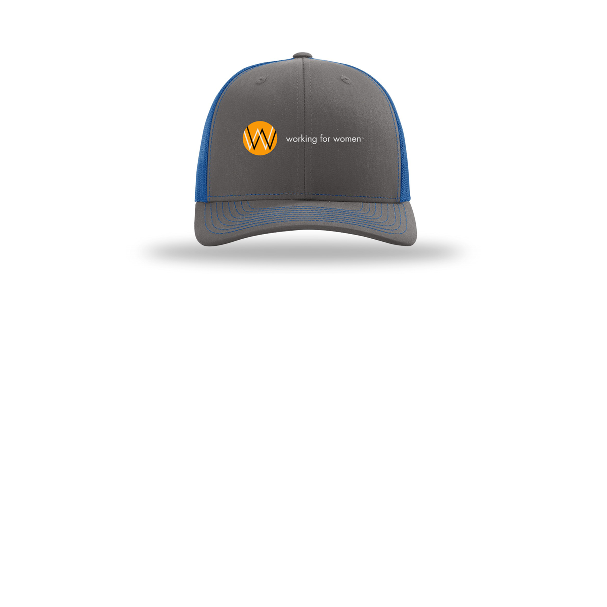 workingforwomen-richardson-trucker-cap-embroidery-capfront-R112-charcoalroyal-flat-front