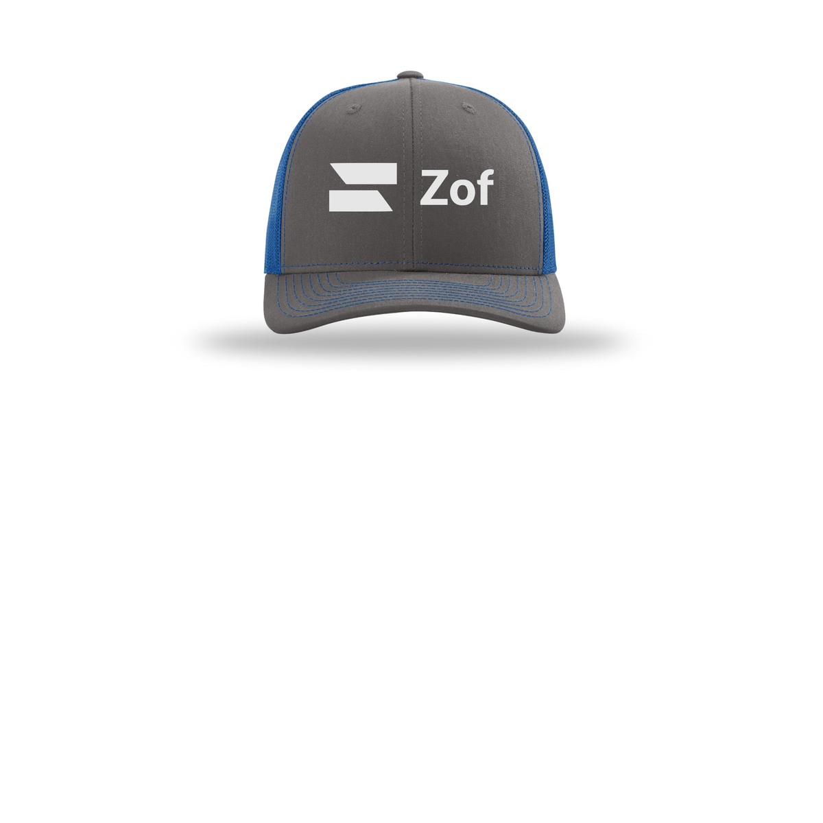 zof-richardson-trucker-cap-embroidery-capfront-R112-charcoalroyal-flat-front