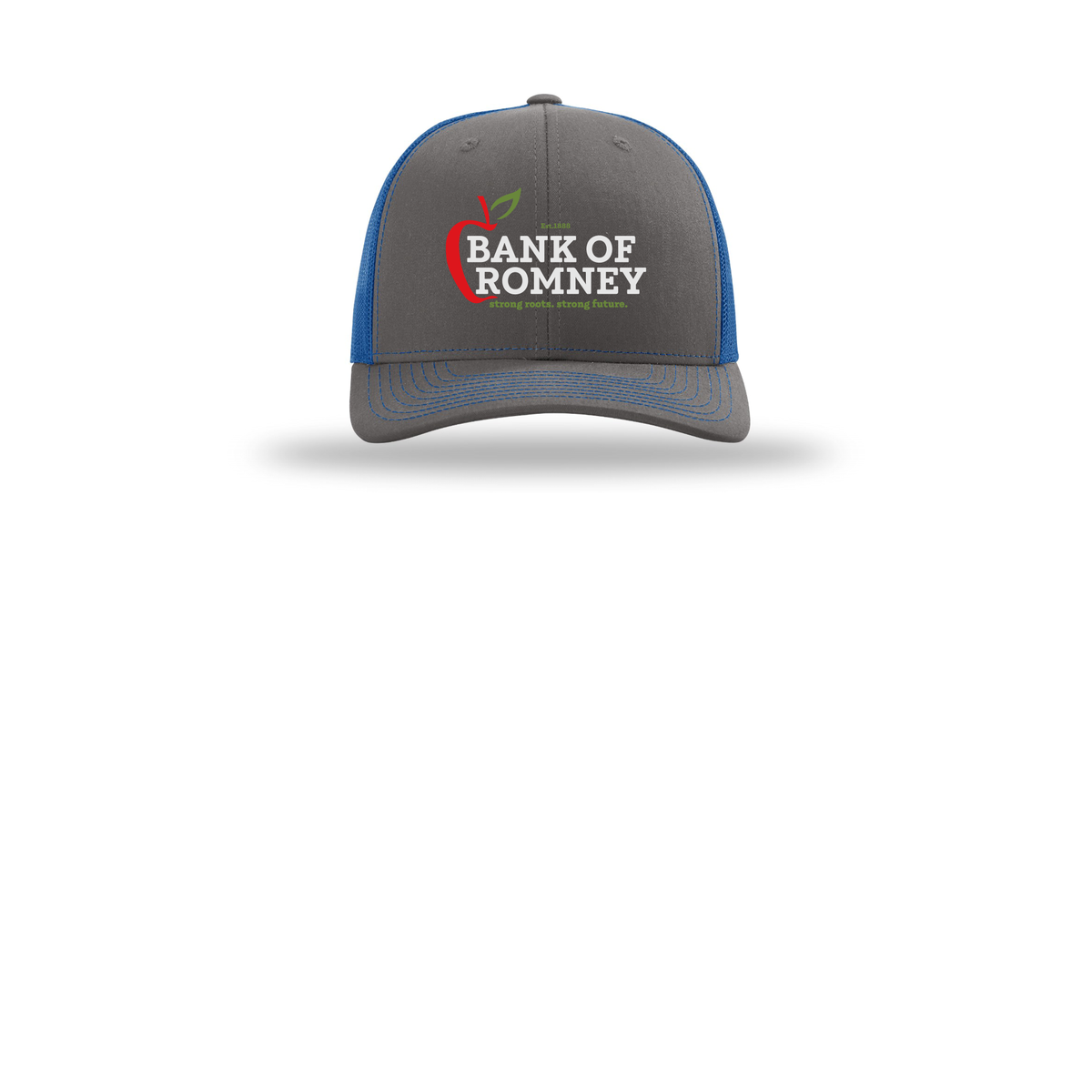 bankofromney-richardson-trucker-cap-embroidery-capfront-R112-charcoalroyal-flat-front