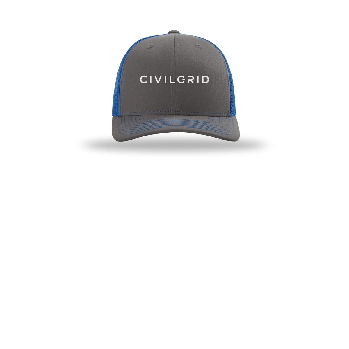 civilgrid-richardson-trucker-cap-embroidery-capfront-R112-charcoalroyal-flat-front