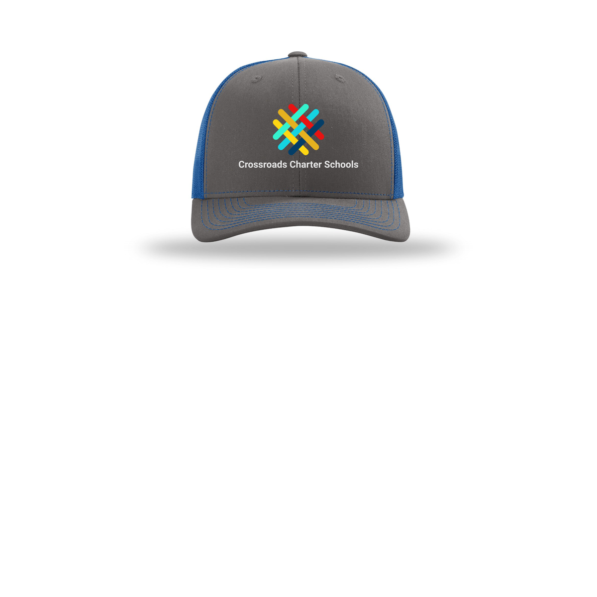 crossroadsschoolskc-richardson-trucker-cap-embroidery-capfront-R112-charcoalroyal-flat-front