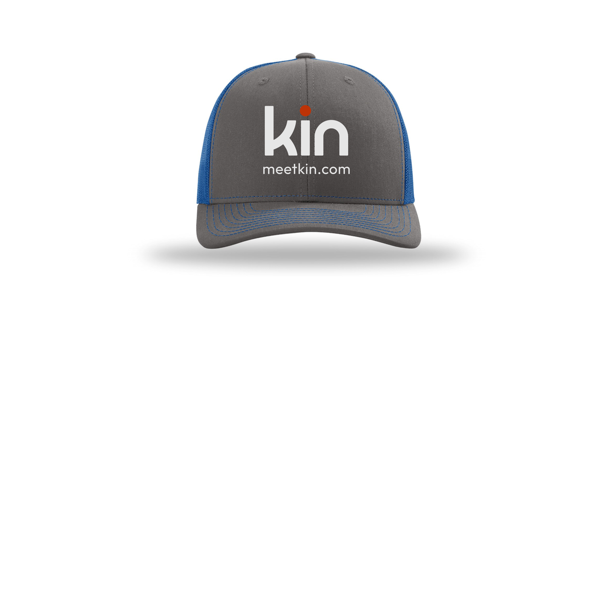 kin-richardson-trucker-cap-embroidery-capfront-R112-charcoalroyal-flat-front
