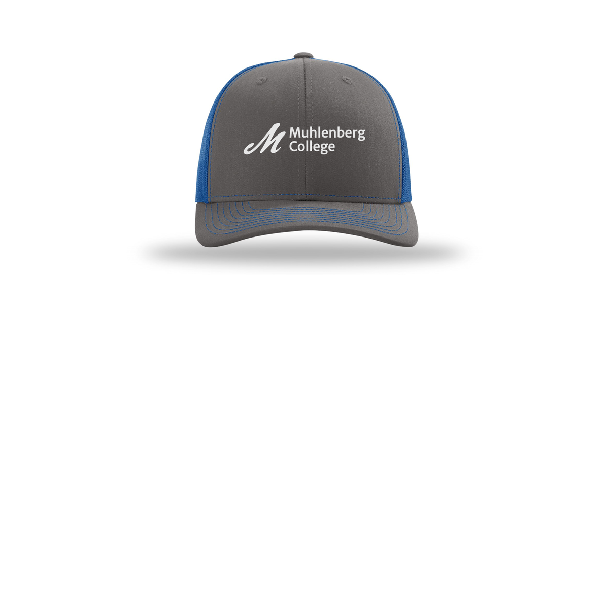muhlenberg-richardson-trucker-cap-embroidery-capfront-R112-charcoalroyal-flat-front