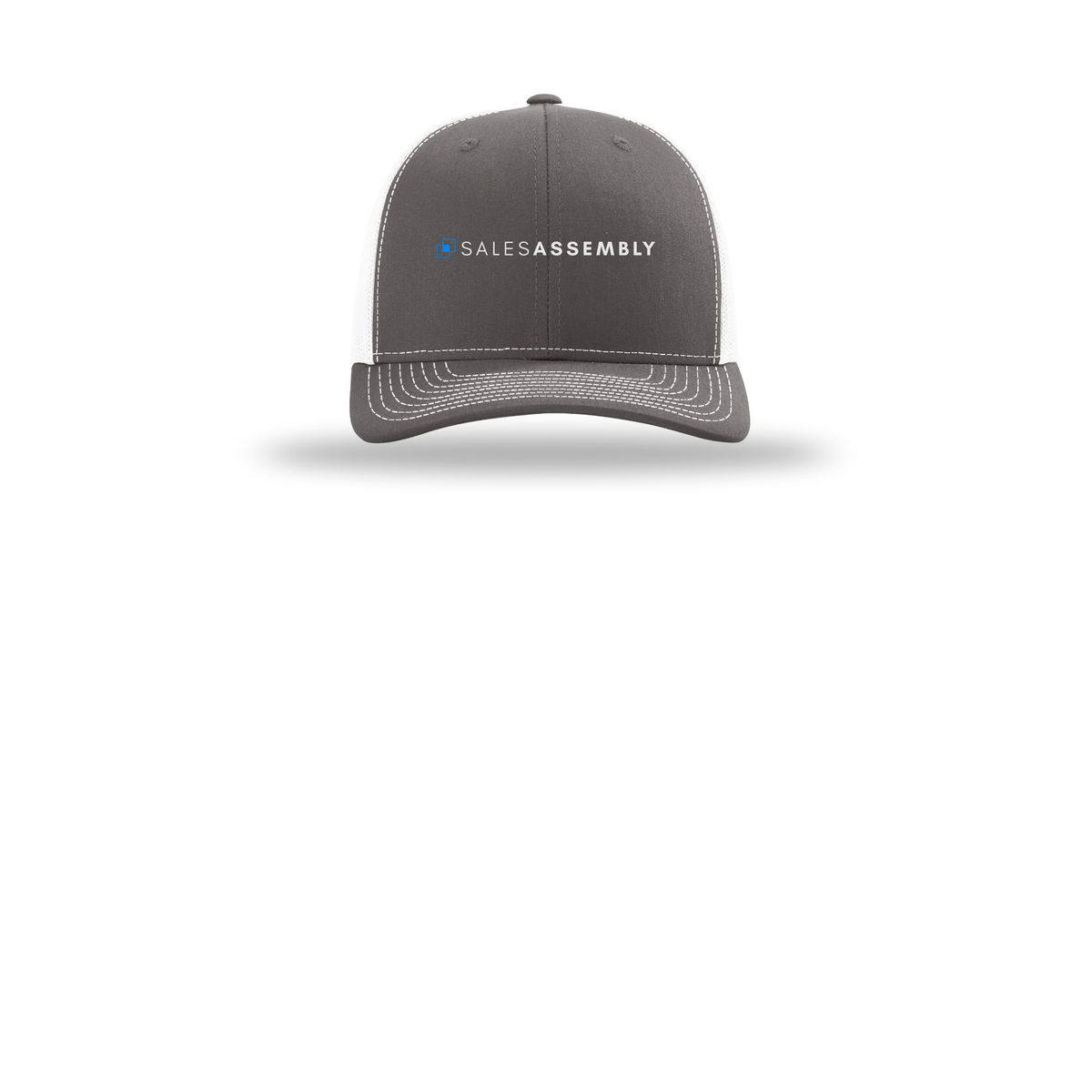 salesassembly-richardson-trucker-cap-embroidery-capfront-R112-charcoalwhite-flat-front