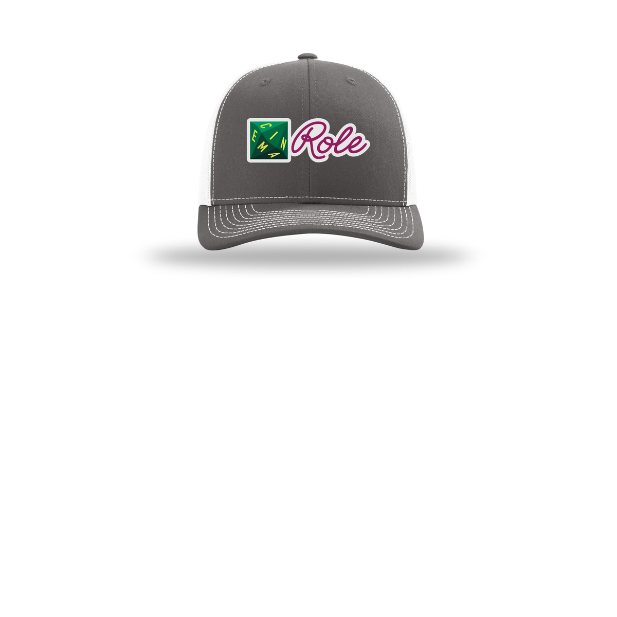 cinemarole-richardson-trucker-cap-embroidery-capfront-R112-charcoalwhite-flat-front