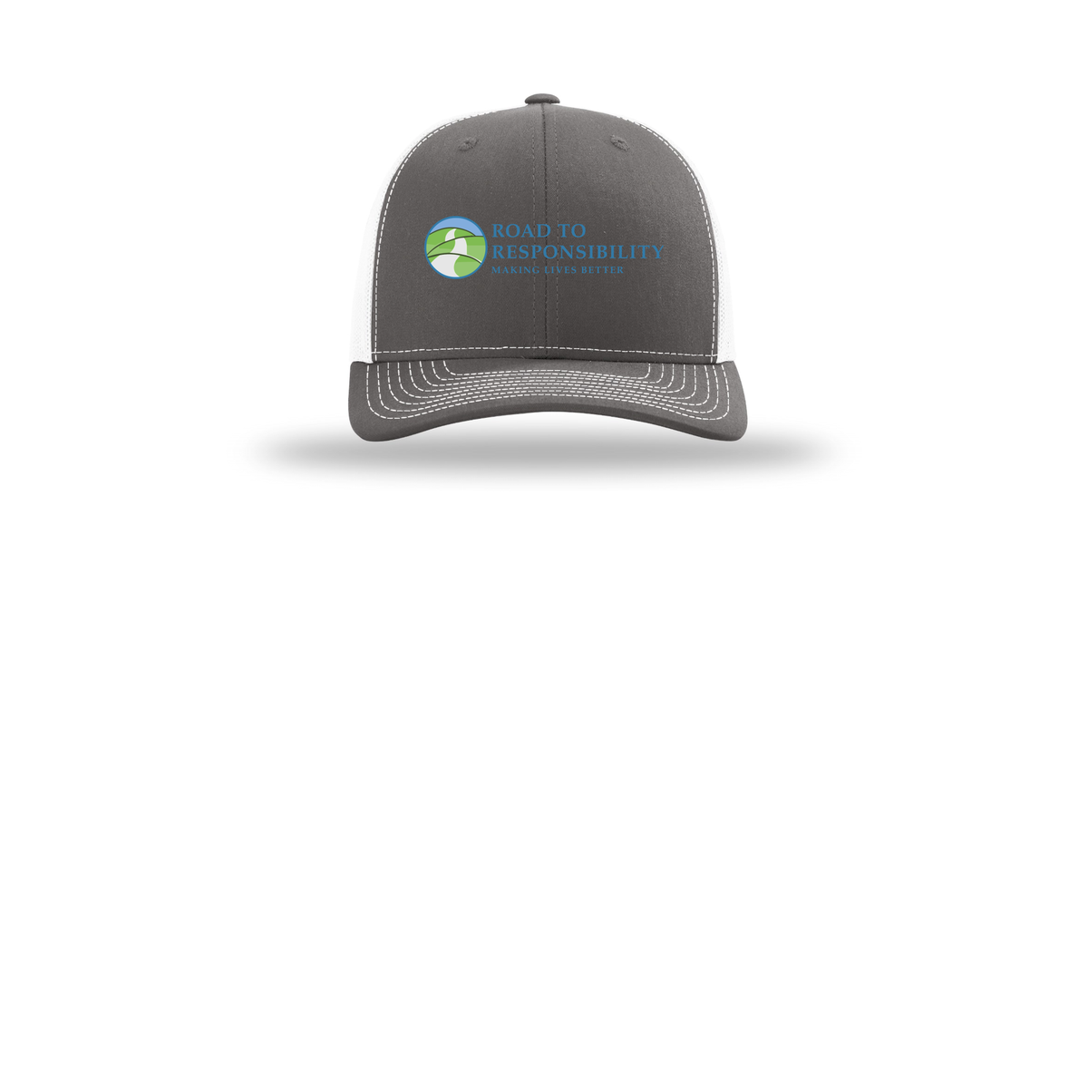roadtoresponsibility-richardson-trucker-cap-embroidery-capfront-R112-charcoalwhite-flat-front