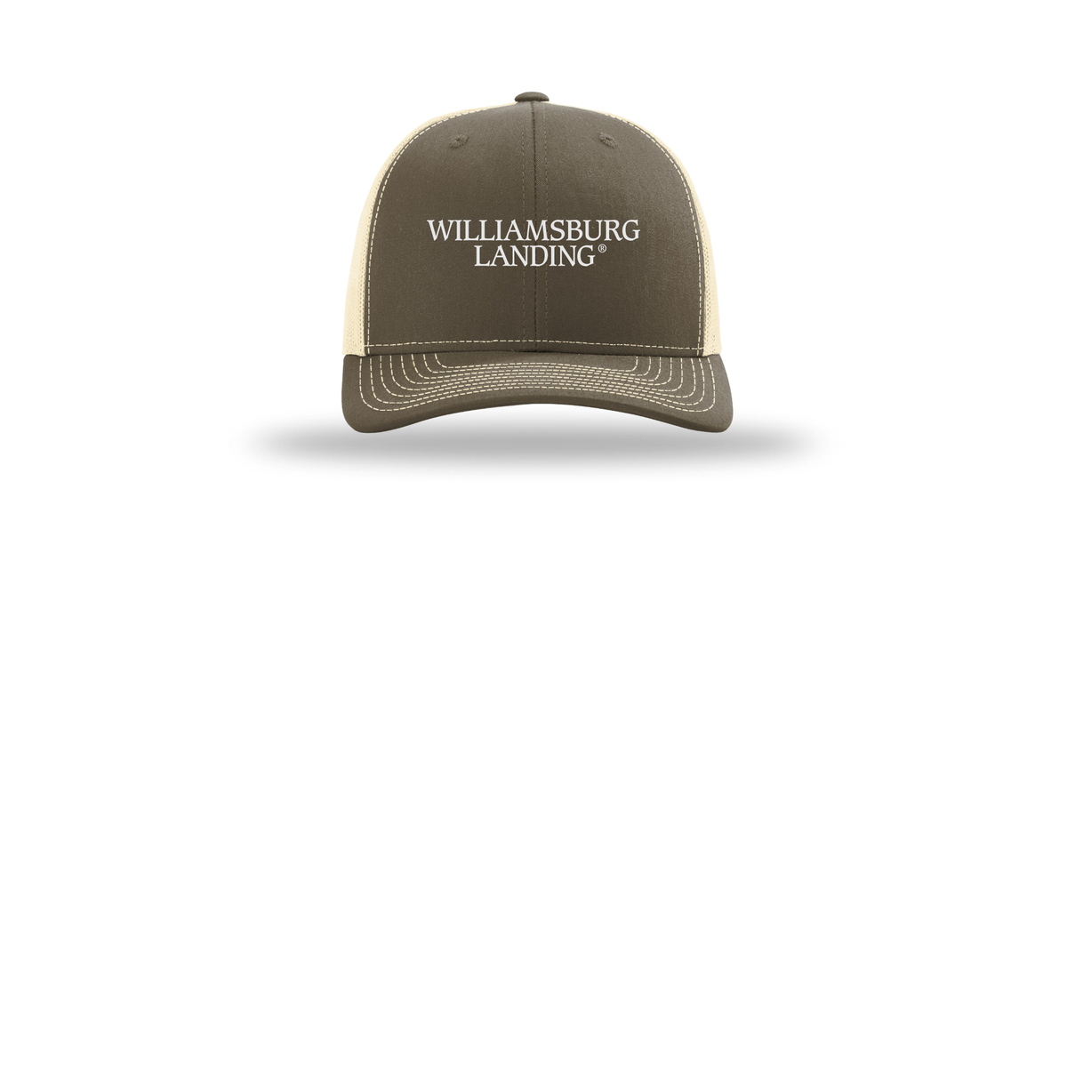 williamsburglanding-richardson-trucker-cap-embroidery-capfront-R112-chocolatechipbirch-flat-front