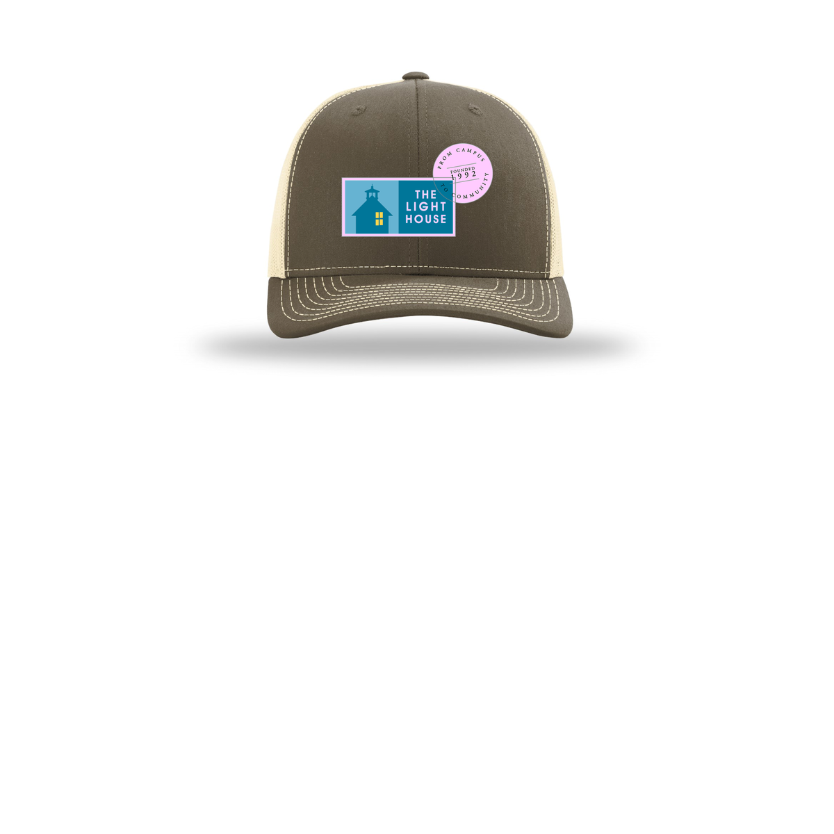 lhcampus-richardson-trucker-cap-embroidery-capfront-R112-chocolatechipbirch-flat-front