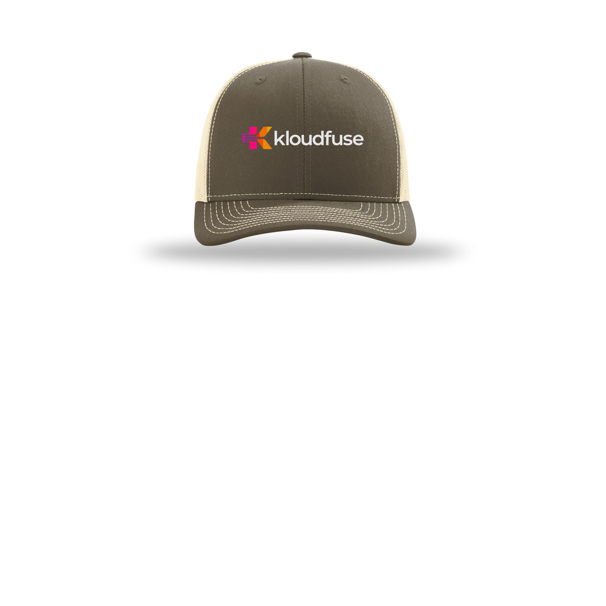 kloudfuse-richardson-trucker-cap-embroidery-capfront-R112-chocolatechipbirch-flat-front