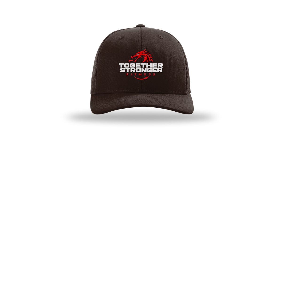 togetherstrongerfitness-richardson-trucker-cap-embroidery-capfront-R112-coffee-flat-front