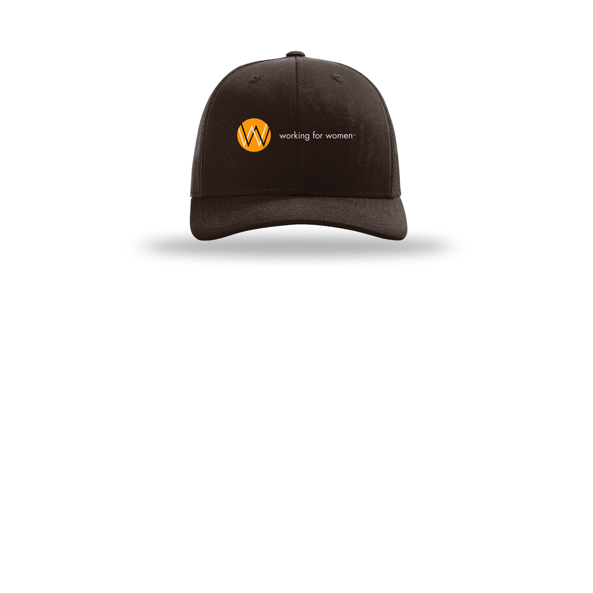 workingforwomen-richardson-trucker-cap-embroidery-capfront-R112-coffee-flat-front