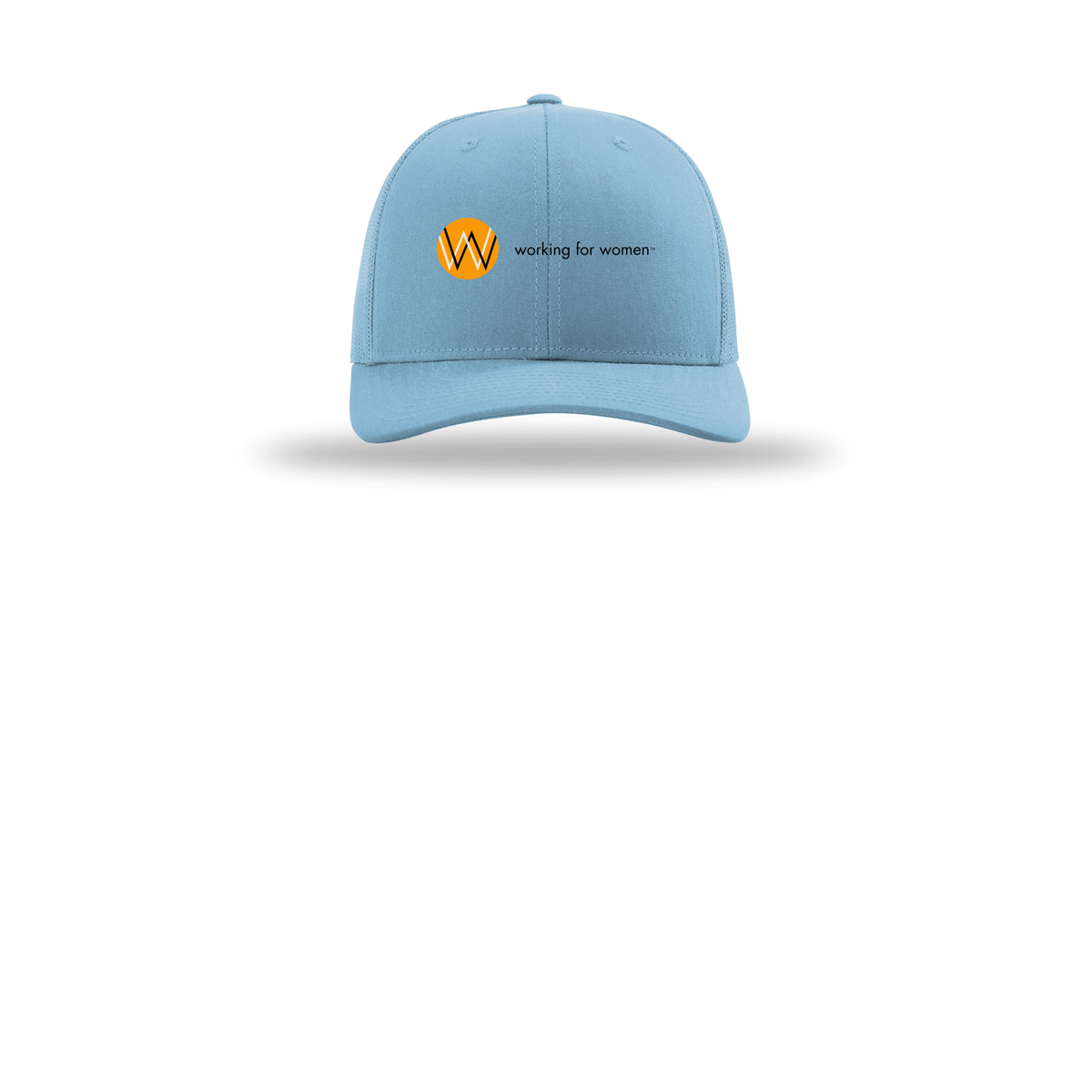 workingforwomen-richardson-trucker-cap-embroidery-capfront-R112-columbiablue-flat-front