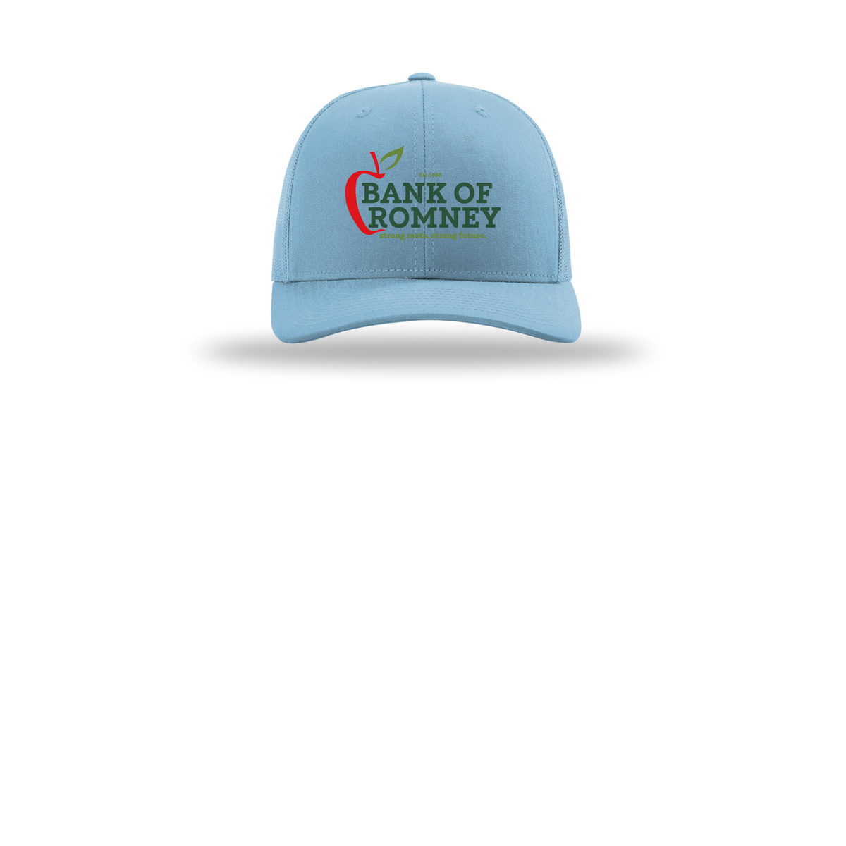 bankofromney-richardson-trucker-cap-embroidery-capfront-R112-columbiablue-flat-front