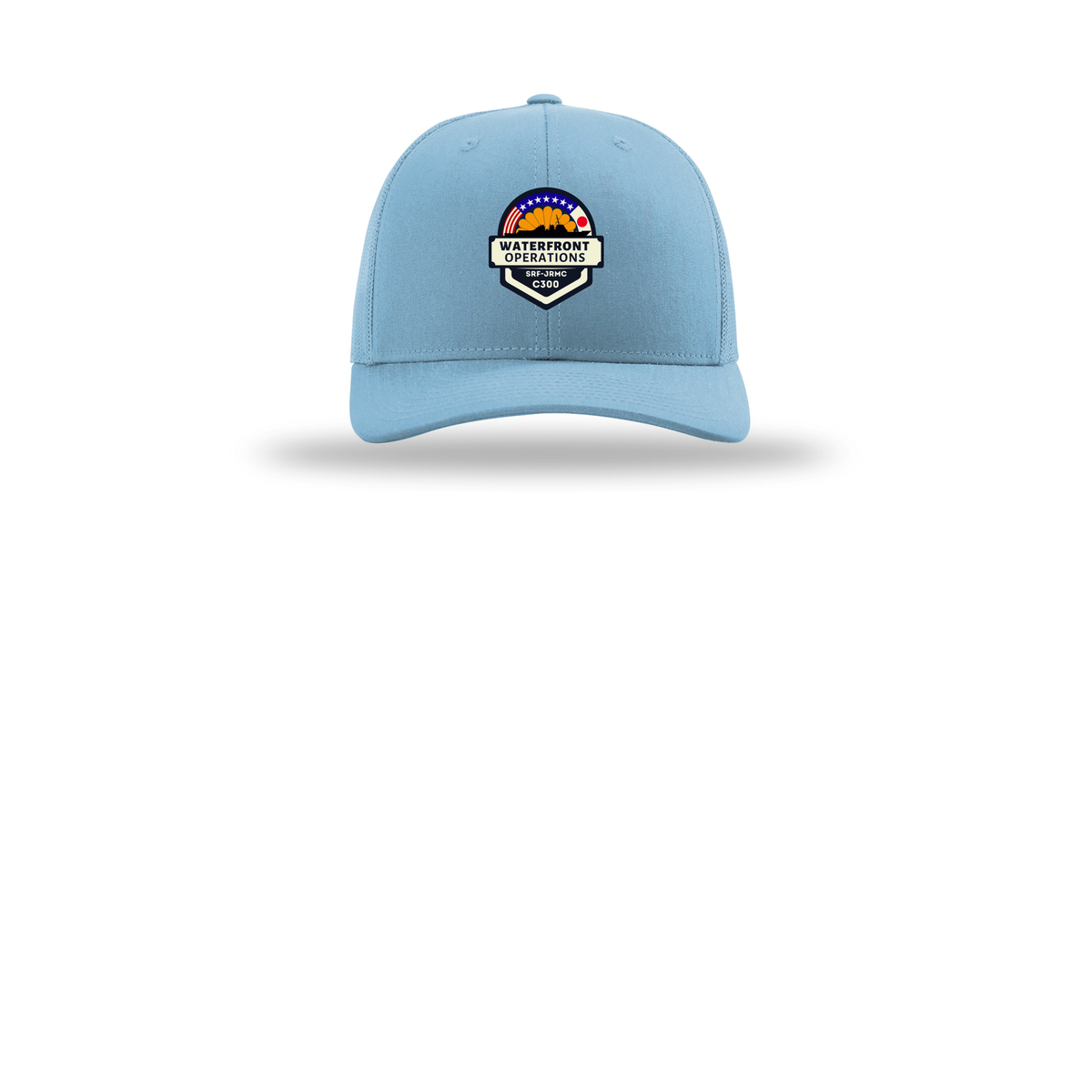 waterfront-operations-retro-trucker-cap-embroidery-capfront-R112-columbiablue-flat-front