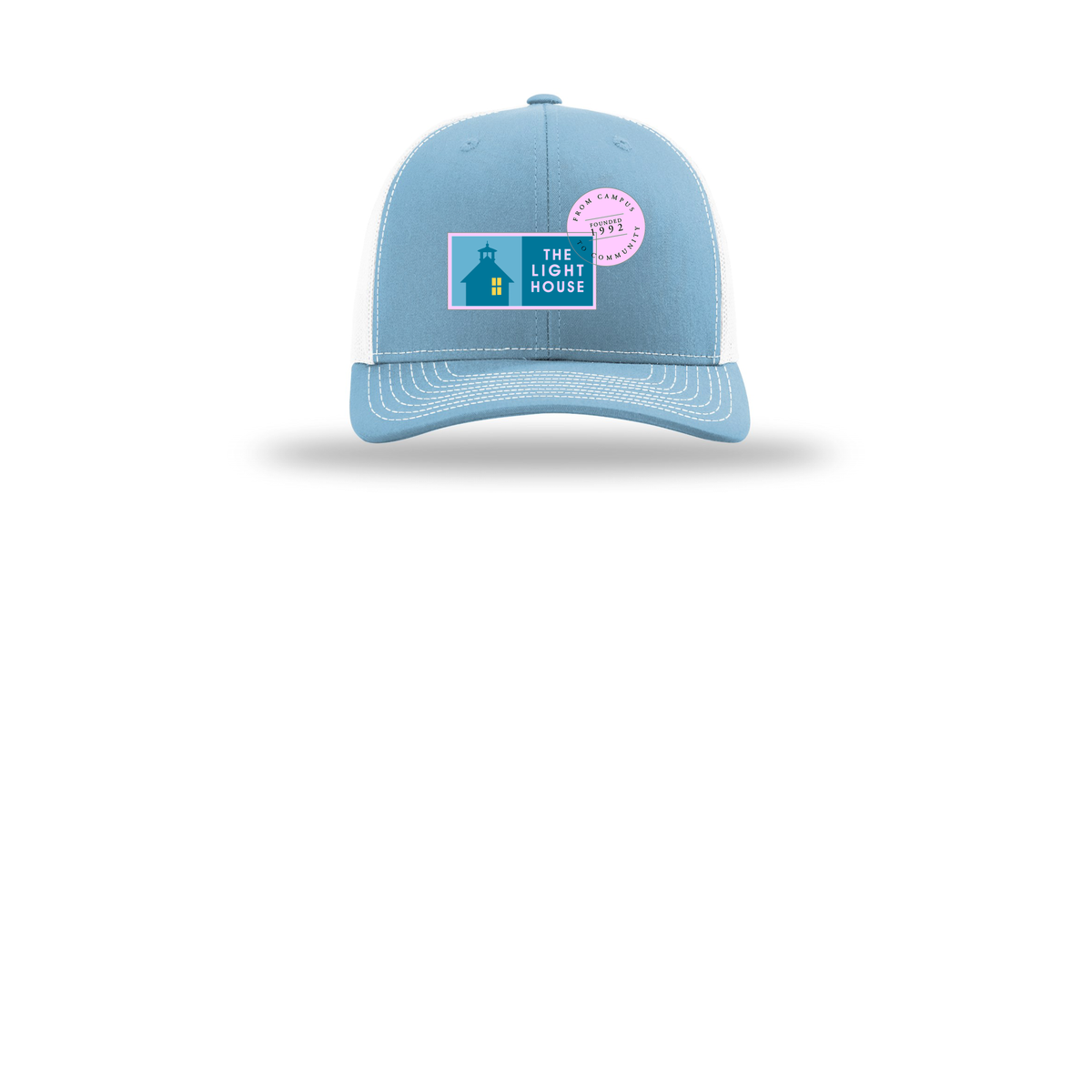 lhcampus-richardson-trucker-cap-embroidery-capfront-R112-columbiabluewhite-flat-front