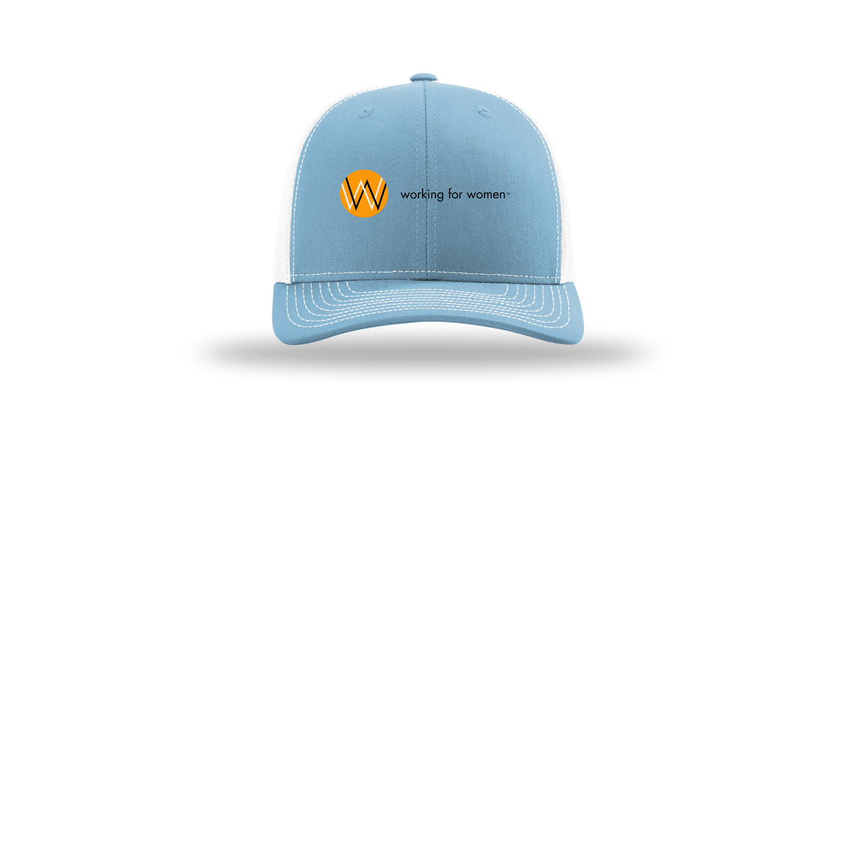 workingforwomen-richardson-trucker-cap-embroidery-capfront-R112-columbiabluewhite-flat-front