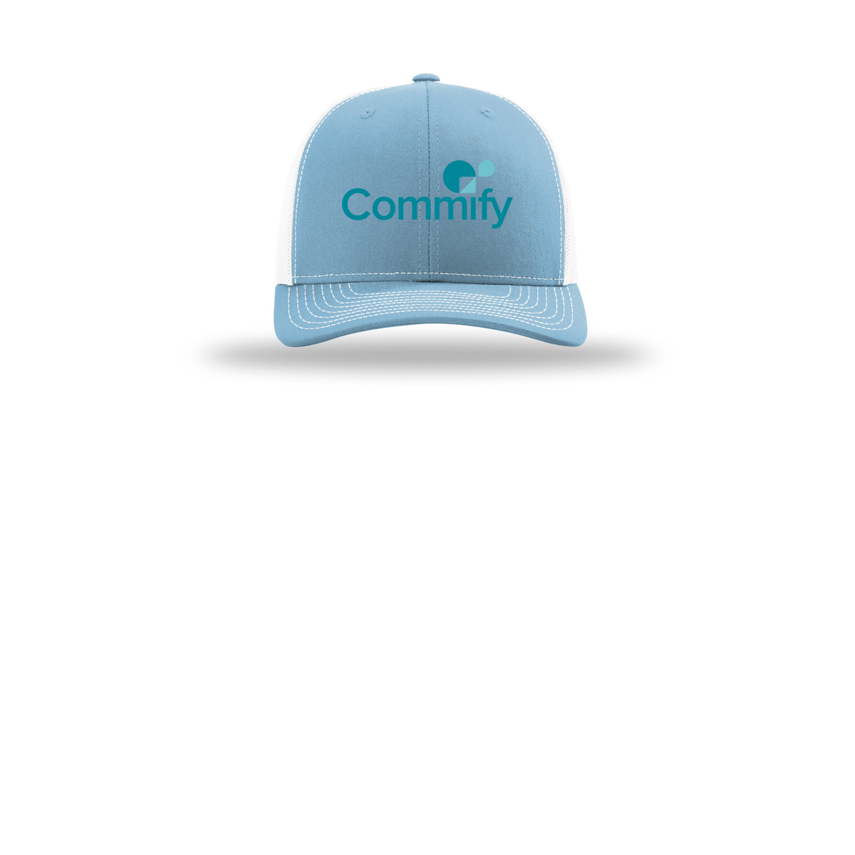 commify-richardson-trucker-cap-embroidery-capfront-R112-columbiabluewhite-flat-front