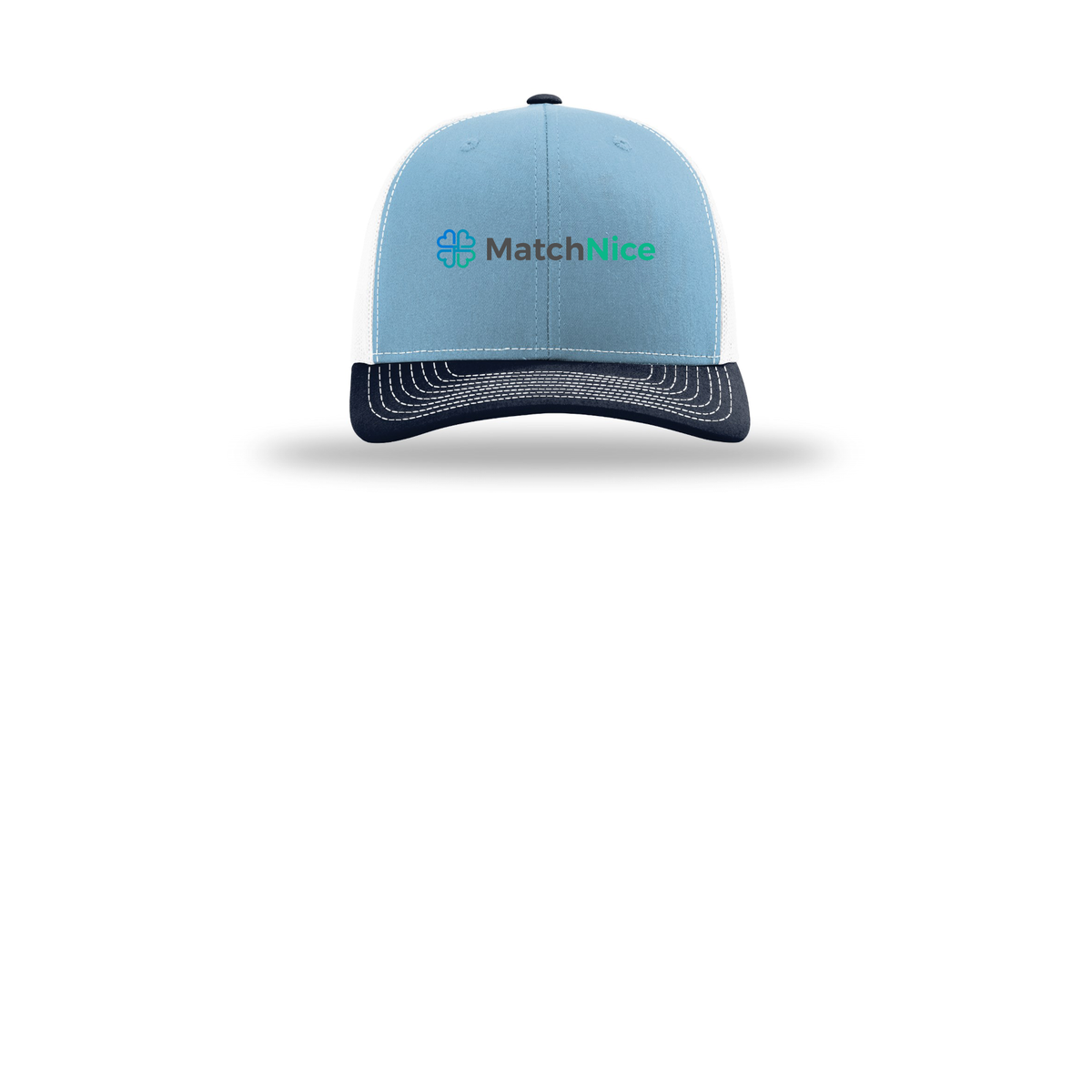 matchnice-richardson-trucker-cap-embroidery-capfront-R112-columbiabluewhitenavy-flat-front
