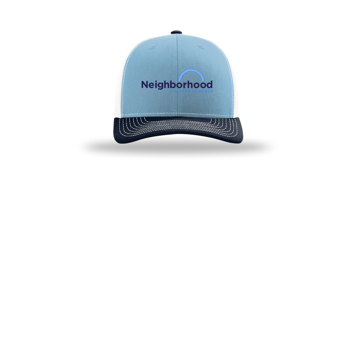 ncschools-richardson-trucker-cap-embroidery-capfront-R112-columbiabluewhitenavy-flat-front